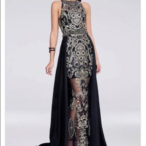 Terani Couture Black and Gold Dress with Overskirt